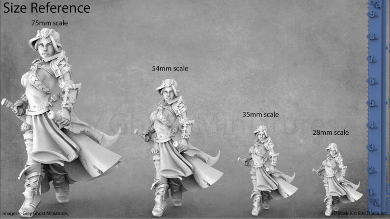 May include: Size reference image showing a miniature figure in four different scales: 75mm, 54mm, 35mm, and 28mm.
