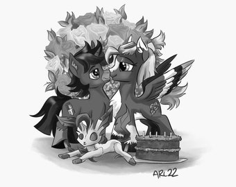 Comisión de dos o más personajes en blanco y negro