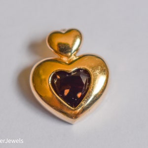 Vintage 14k Yellow Gold Dark Brown / Red Puffy Double Heart Pendant