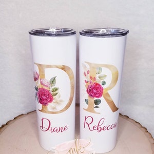 Monogram Letter with name | 20oz skinny tumbler | Floral Monogram | Mother's Day Gift. Gifts for her | Christian gifts | Bridesmaid's gift