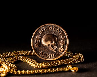 Memento Mori Pendant – Skull Necklace in Bronze, Gold, Silver – Stoic Symbolic Jewelry  for Men or Women, Med Size. Free Shipping UK & US