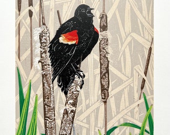 Mirlo de alas rojas de 11 x 14, canto primaveral / xilografía reducida impresa a mano, impresión de bellas artes de edición limitada / regalo único para amantes de la naturaleza y observadores de aves