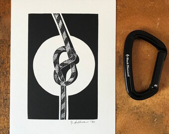6x8 rock climbing figure eight safety knot rope with halo | hand printed linocut relief print | handmade original art, rock climber gift
