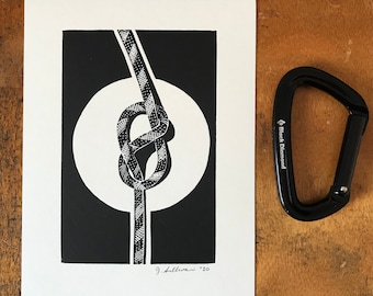 6x8 rock climbing figure eight safety knot rope with halo | hand printed linocut relief print | handmade original art, rock climber gift