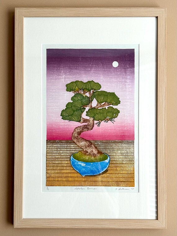 12x18 Bonsai Tree With Mat, Mokuhanga Woodcut Print on Japanese