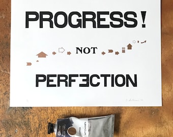 9x12 Progress not Perfection quote poster | letterpress wall art | positive thinking, motivational mantra | gift for student or teacher