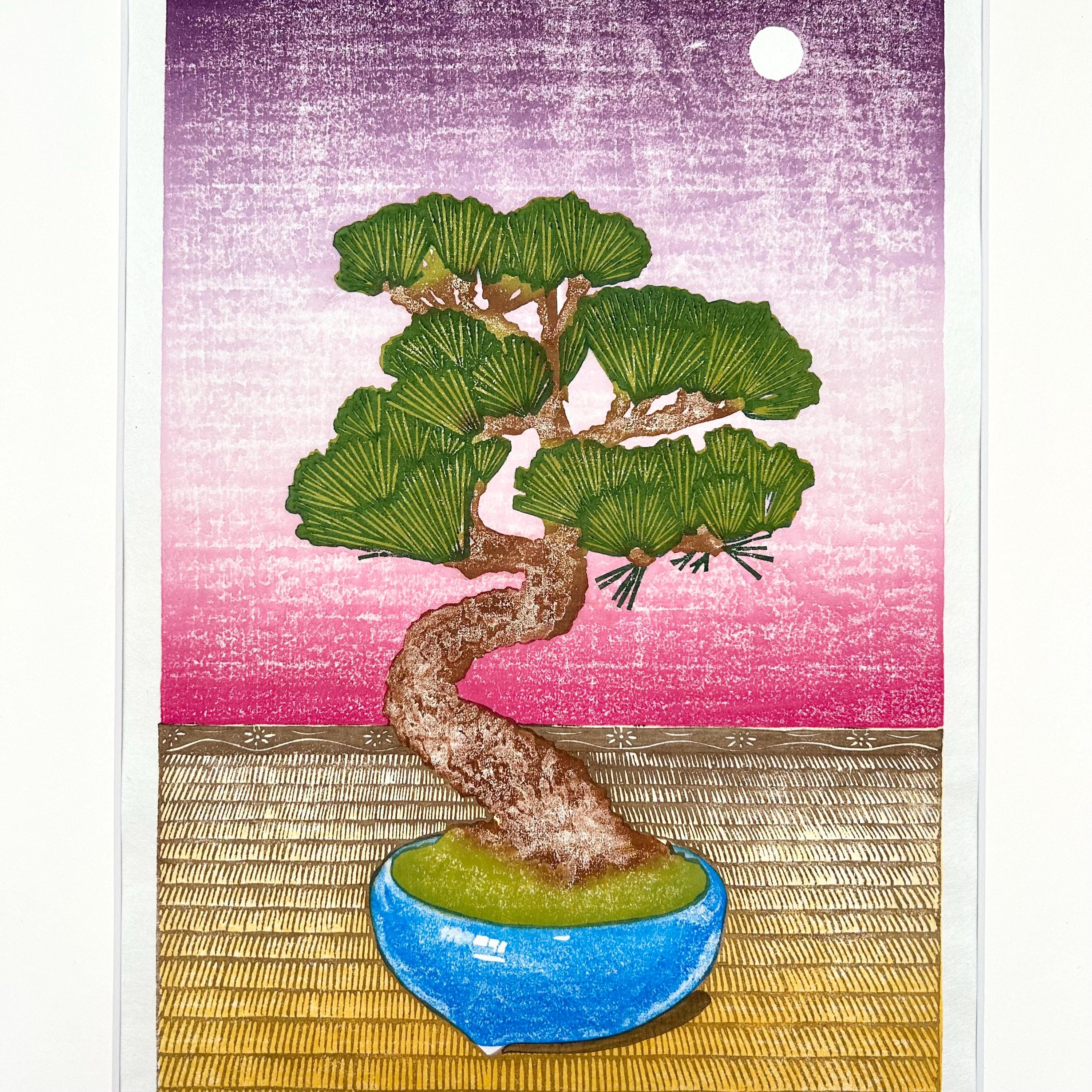12x18 Bonsai Tree With Mat, Mokuhanga Woodcut Print on Japanese