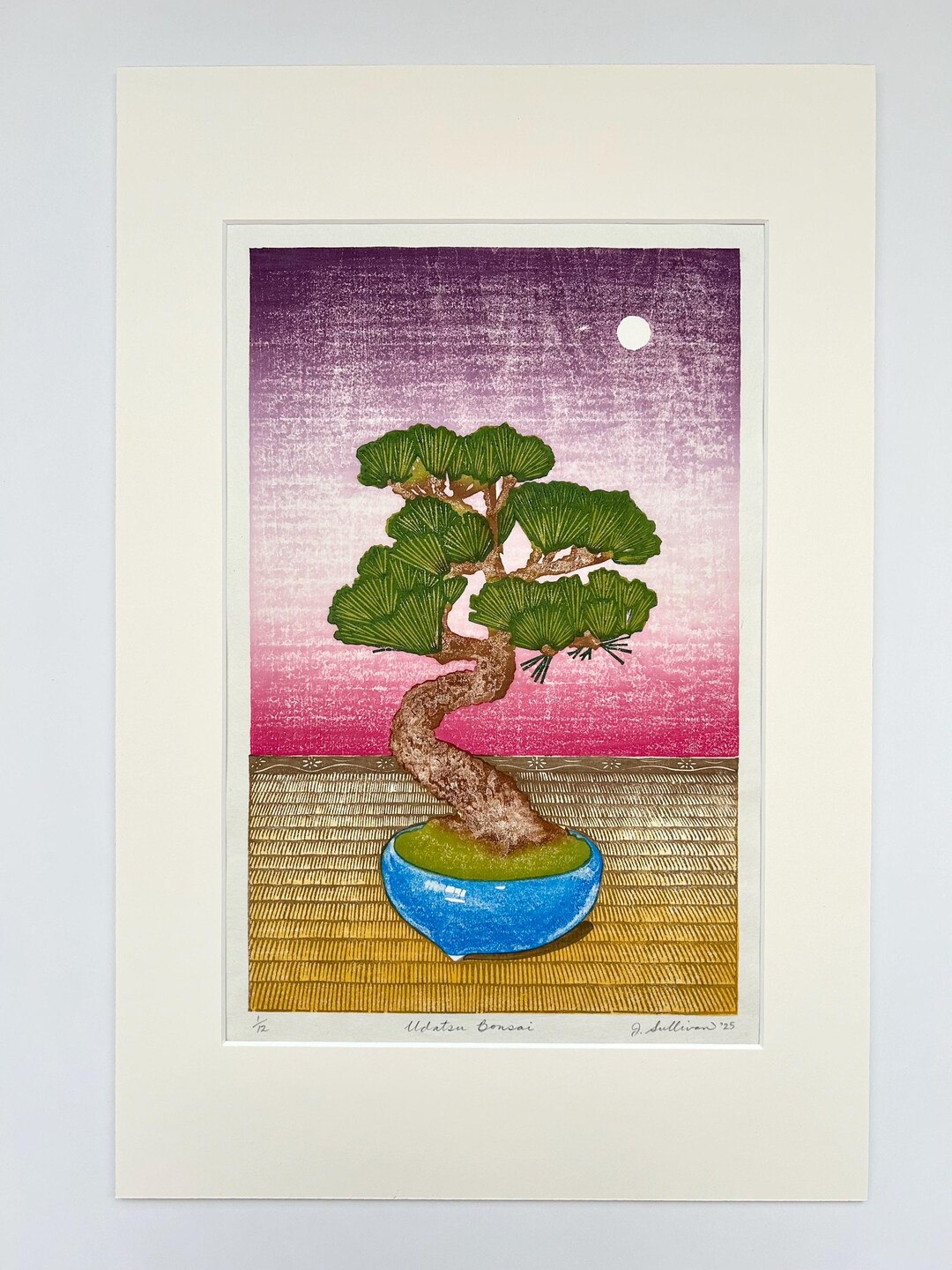 12x18 Bonsai Tree With Mat, Mokuhanga Woodcut Print on Japanese
