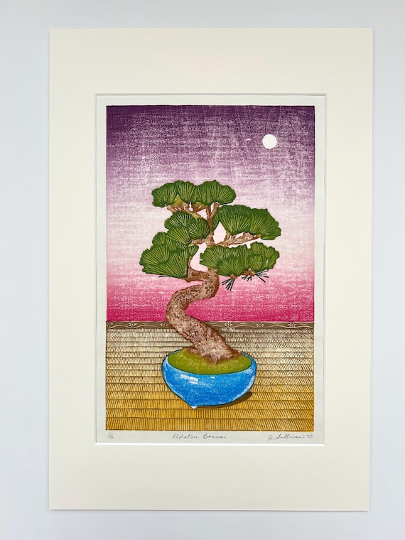 12x18 Bonsai Tree With Mat, Mokuhanga Woodcut Print on Japanese