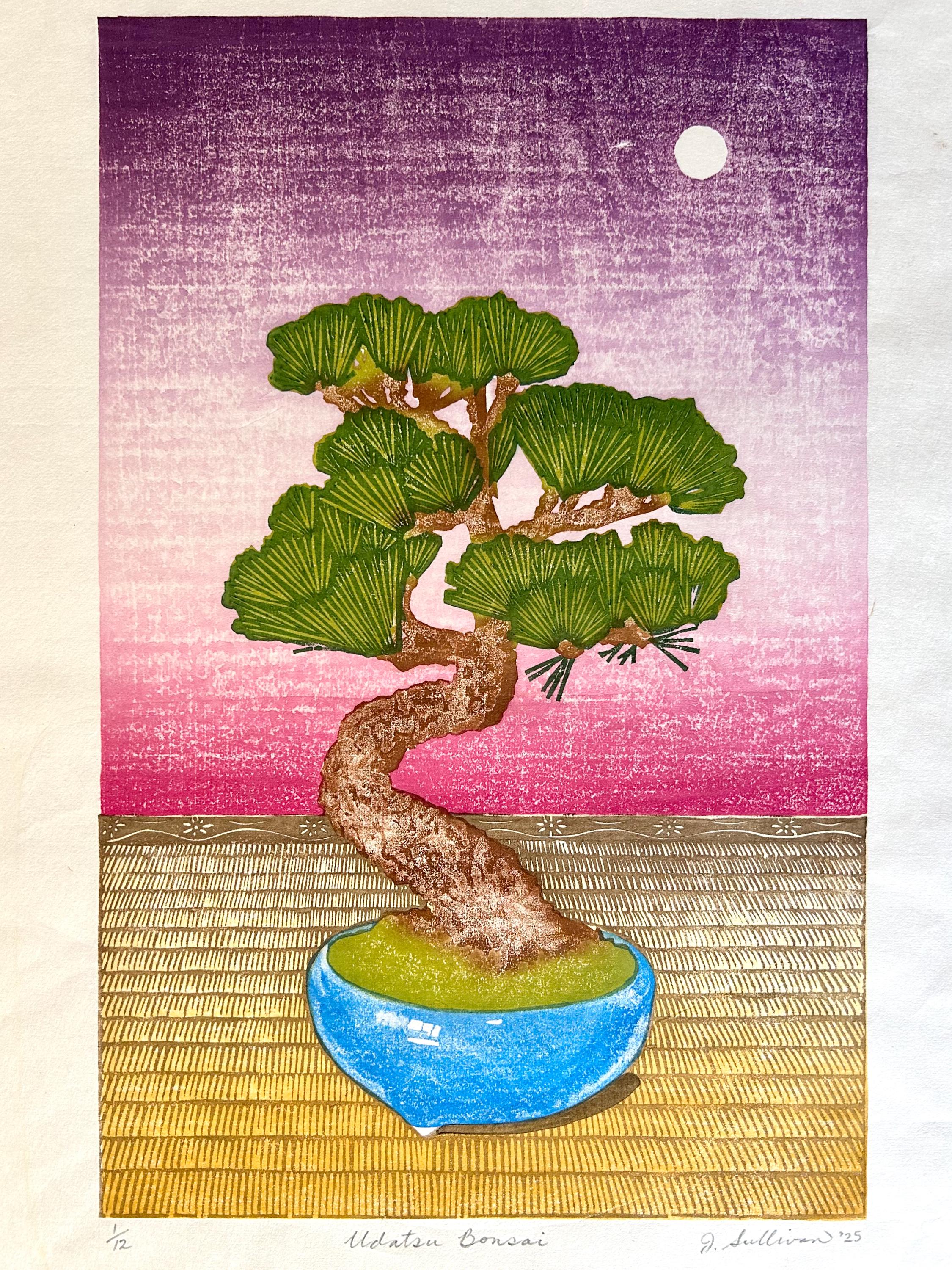 12x18 Bonsai Tree With Mat, Mokuhanga Woodcut Print on Japanese
