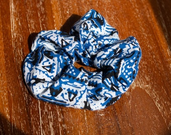 Aztec Print Cotton Scrunchie - Blue, White and Black