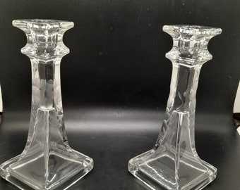 Pair of Vintage Floral Pattern Etched Glass Candlestick Holders with Square Base