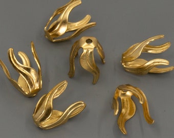 Tall Leaf Brass Bead Caps: 4-Point Jewelry Findings (6 Pieces) Style 3