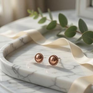 Solid Copper Stud Earrings: Hypoallergenic Steel Posts, Mini Size with Rope Border