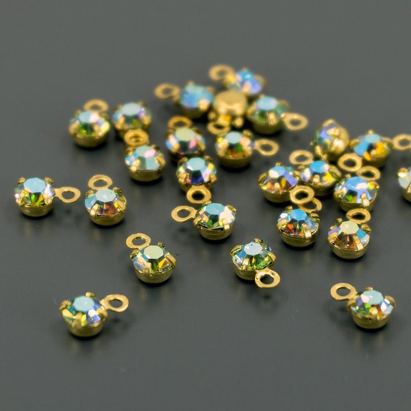 Vintage Pronged Bezel Set Chatons, Vintage Rhinestone Drops, Green AB Prong Set Rhinestone Drops, 12 Pieces New-Old Stock