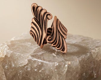 Copper Scroll Ring: Adjustable Bypass Wrap with Antique Finish