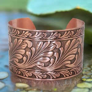Solid Copper Cuff Bracelet With Embossed Scroll Design, Handmade Copper Jewelry, Lacquered Copper Cuff Bracelet With Antiquing