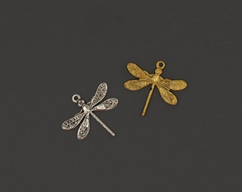 Mini Filigree Dragonfly Charms, Brass, Silver, Gold Plated Findings