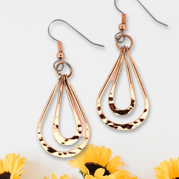Pure Copper Teardrop Earrings, Copper Dangle Earrings, Hypoallergenic Steel Ear Wires, Copper Teardrop Earrings, Hammered COPPER Earrings