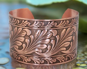 Solid Copper Cuff Bracelet With Embossed Scroll Design, Handmade Copper Jewelry, Lacquered Copper Cuff Bracelet With Antiquing