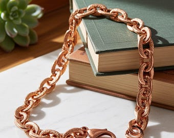 Pulsera de cadena de cable de cobre macizo texturizado y grueso: gancho de cobre o cierre de langosta chapado.
