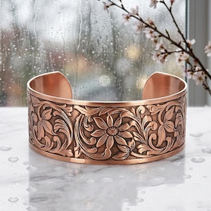 Embossed Copper Cuff Bracelet: Floral Design, Antiqued Solid Copper Jewelry