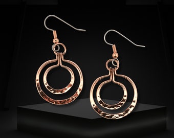 Pure Copper Circle Earrings, Copper Dangle Earrings, Hypoallergenic Steel Ear Wires, Solid COPPER Earrings, Copper Wire Earrings
