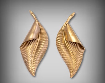 Art Deco Raw Brass Leaf Earrings | Unplated Hollow Back Drops (60.7 X 19.8 Mm)