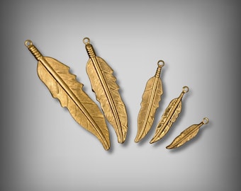 Brass Feather Charms: Jewelry Making Supplies, Feather Pendants with Ring, 5 Sizes