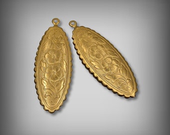 Floral Etched Raw Brass Earring Drops: Oblong Scalloped Connectors