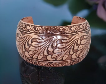 Solid Copper Domed Cuff with Embossed Scroll Design, Copper Bracelet, Copper Jewelry,  Domed Copper Cuff , Lacquered Copper Cuff Bracelet