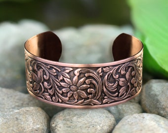 Copper Bracelet With Embossed FLORAL Design, Solid Copper Jewelry, Etched Copper Cuff Bracelet, Antiqued Embossed Copper Cuff