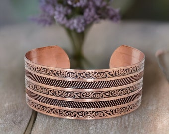 Pure Copper Cuff Bracelet with Embossed Stripe Design, Handmade Copper Cuff Bracelet, Pure Copper Jewelry, Artisan Copper Jewelry