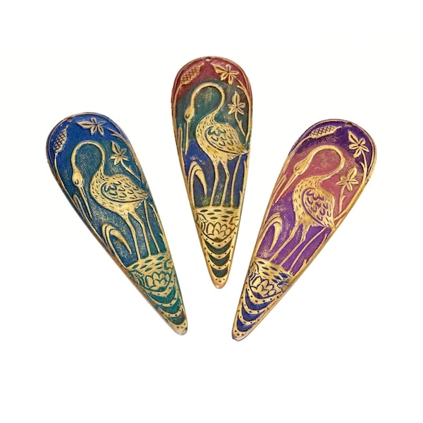 Hand Painted Brass Heron Stamping, Artisan Patina Heron Pendant, Brass Crane Stamping, Art Deco Flamingo Pendant, Painted Brass Findings