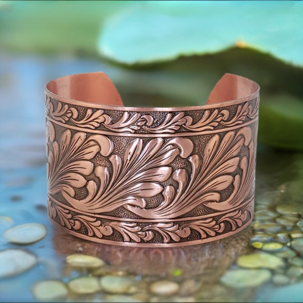 Solid Copper Cuff Bracelet With Embossed Scroll Design, Handmade Copper Jewelry, Lacquered Copper Cuff Bracelet With Antiquing