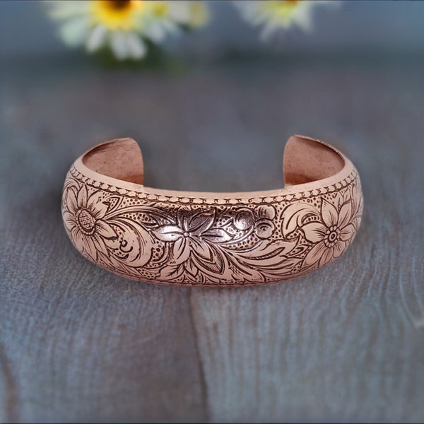 Solid Copper Domed Cuff With Etched Flower Design, Pure Copper Jewelry, Lacquered Copper Bracelet, UrbanroseSupplies