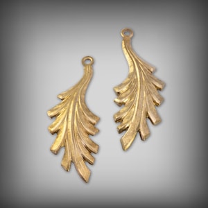 Art Deco Raw Brass Earring Drops: Leaf Dangle Charms (Pair)