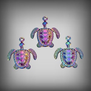 RAINBOW METAL Turtle Charm, Multicolor TURTLE Charms, Titanium Plated Metal, Double-Sided Rainbow Multicolor Iridescent Turtle Charm