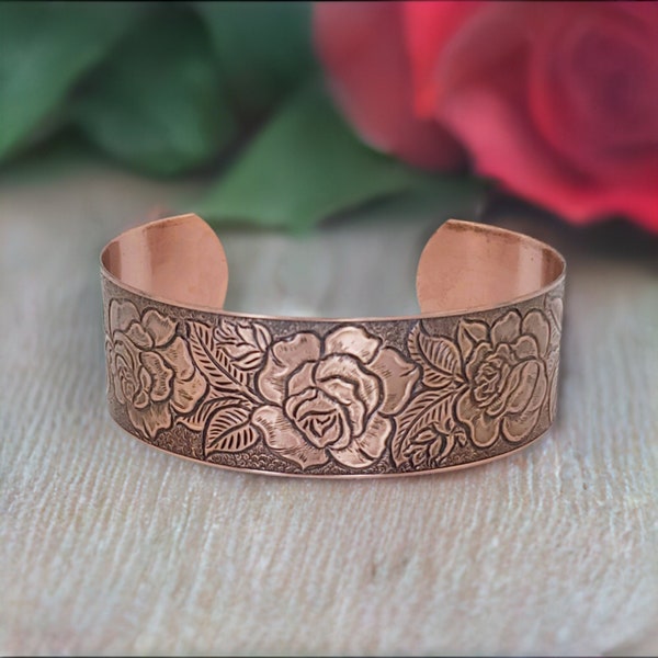 Solid Copper Cuff with Embossed ROSE Design, COPPER Cuff Bracelet, Copper Jewelry, Etched Copper Bracelet, Antiqued Copper Cuff