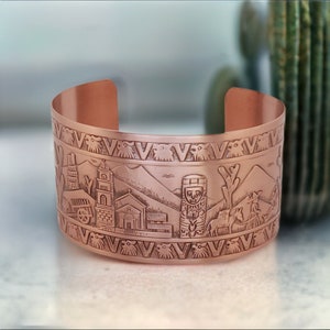 Copper Cuff MEXICAN Motif Design, Pure COPPER Cuff Bracelet, Etched Copper Cuff Bangle, Healing Copper Cuff Bracelet image 2