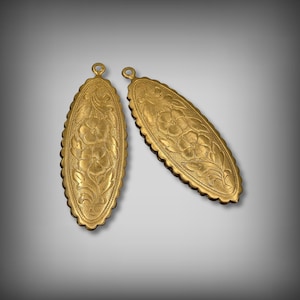Floral Etched Raw Brass Earring Drops: Oblong Scalloped Connectors
