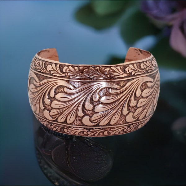 Solid Copper Domed Cuff with Embossed Scroll Design, Copper Bracelet, Copper Jewelry,  Domed Copper Cuff , Lacquered Copper Cuff Bracelet