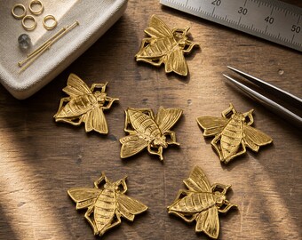 6 Mini Brass Honeybee Stampings: Unplated Raw Brass Findings (18.4 x 15.3 MM)