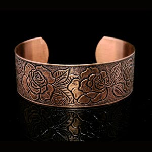 Embossed Rose Solid Copper Cuff Bracelet: Antiqued Adjustable Design