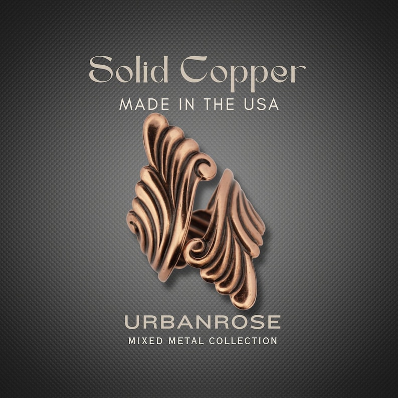 The image is an advertisement for Solid Copper jewelry, specifically Urbanrose mixed metal collection. The jewelry is made in the USA and features a solid copper design with a unique, swirling pattern.