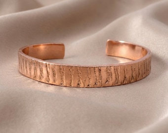 Heavy Solid Copper Bracelet: Birchwood Etched Design, Unisex Therapy Jewelry