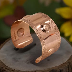 Solid Copper Statement Cuff Bracelet With Puffed Circles and Textured Edges, Bright Finish
