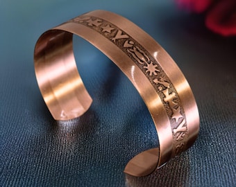 Embossed Tribal Solid Copper Cuff Bracelet: Adjustable Antiqued Copper Jewelry
