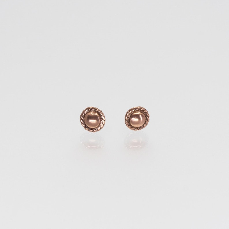 Solid Copper Stud Earrings: Hypoallergenic Steel Posts, Mini Size with Rope Border image 6