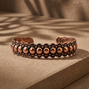 Copper Cuff Bracelet: Wide Bead Solid Copper Adjustable for Dainty Wrists